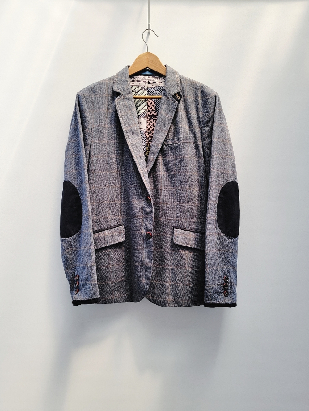 Ted Baker London Boyfriend Blazer Womens Size 4 US 10 Gray Plaid Elbow Patch